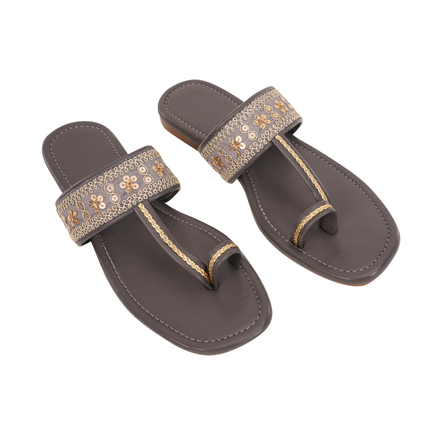 Soleura Women’s Ethnic Kolhapuri Flats – Comfortable Casual Sandals for Everyday Use & Festive Look, Stylish Traditional Slip-On Footwear (Grey, UK Footwear Size System, Adult, Women, Numeric, Medium, 6)