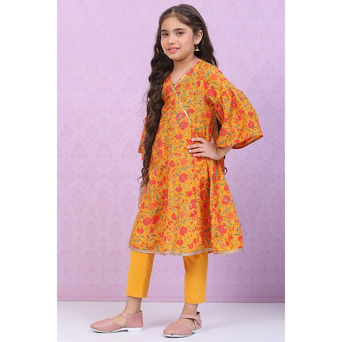 BIBA Girls Polyester Flared Printed Suit Set(KW5024E_5_Brown)