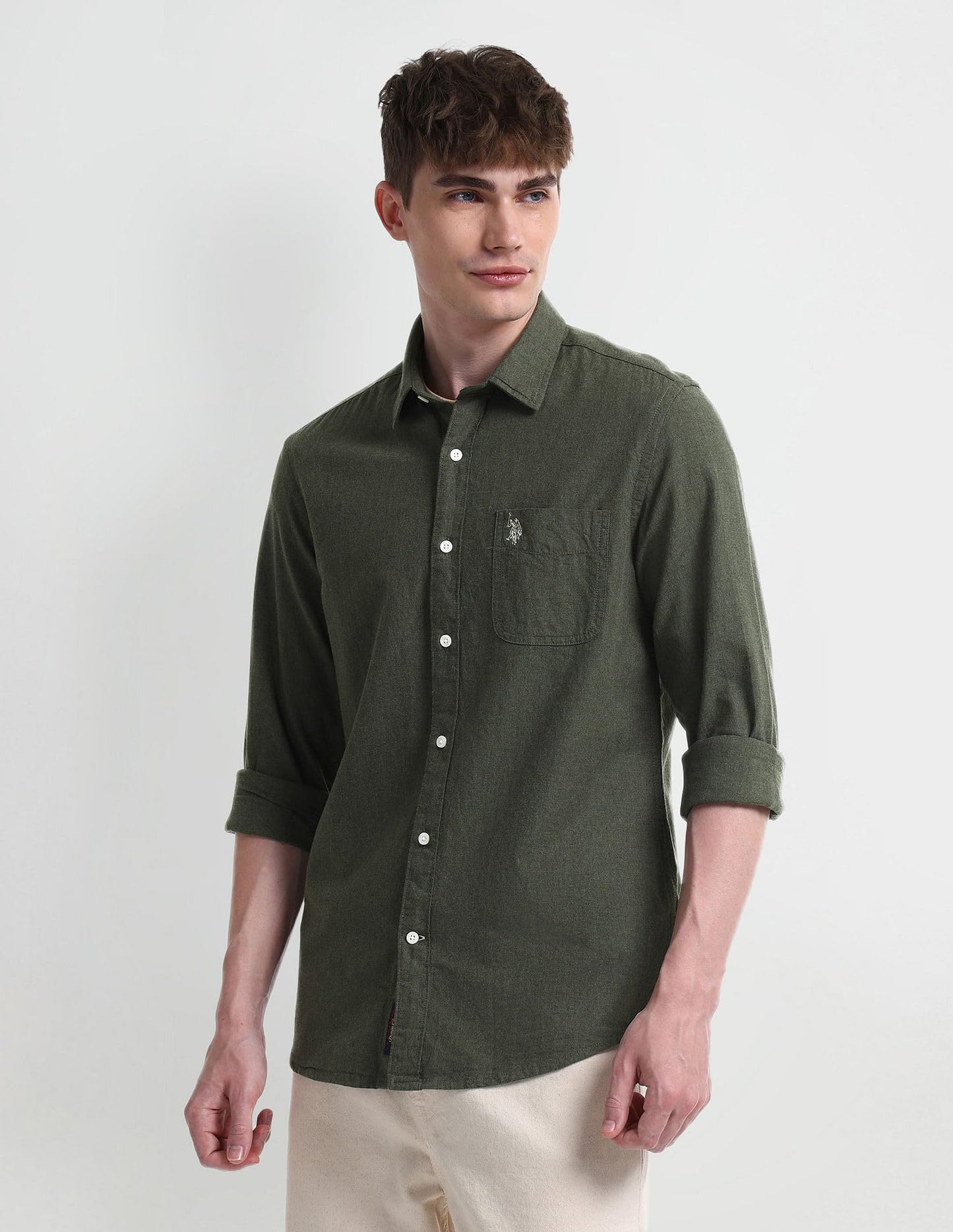 U.S. POLO ASSN. Men's Cotton Regular Fit Shirt (UDSHTO1217A_Olive,Medium