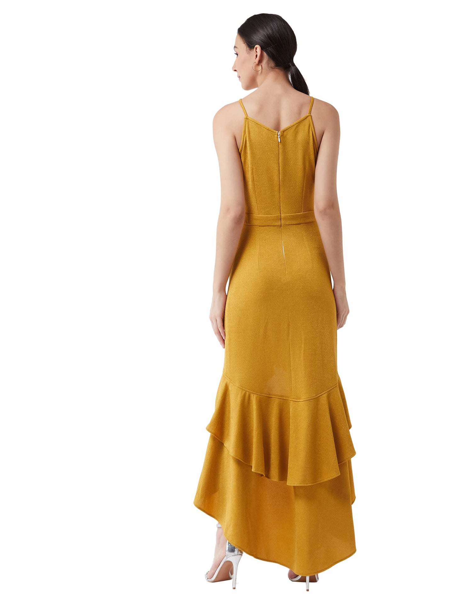 Miss Chase Women's Mustard Halter Neck Sleeveless Solid Ruffled Maxi Dress (MCAW21D13-18-183-05,Mustard,L)