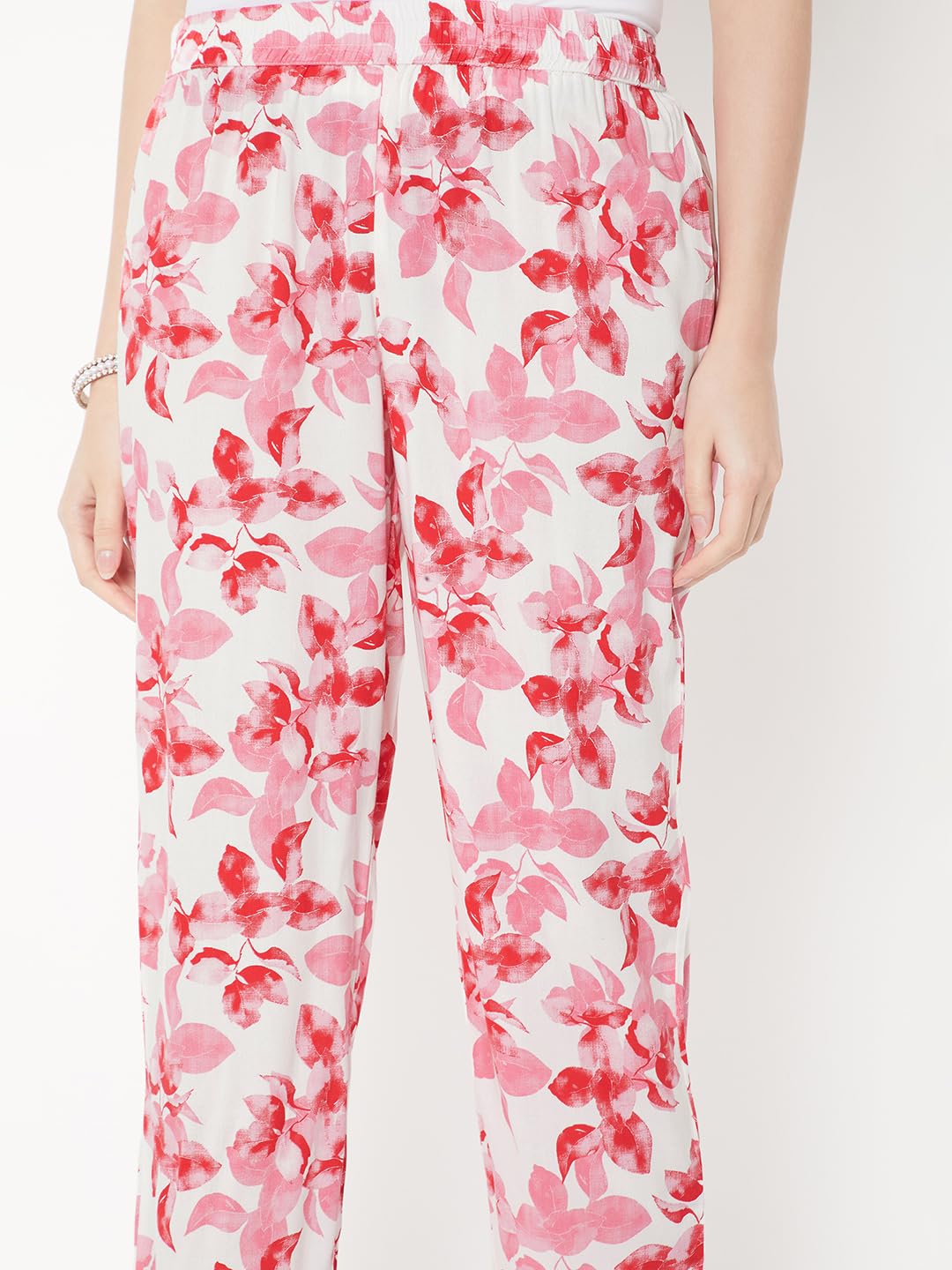 Max Women Floral Print Straight Pants (Off White_S)