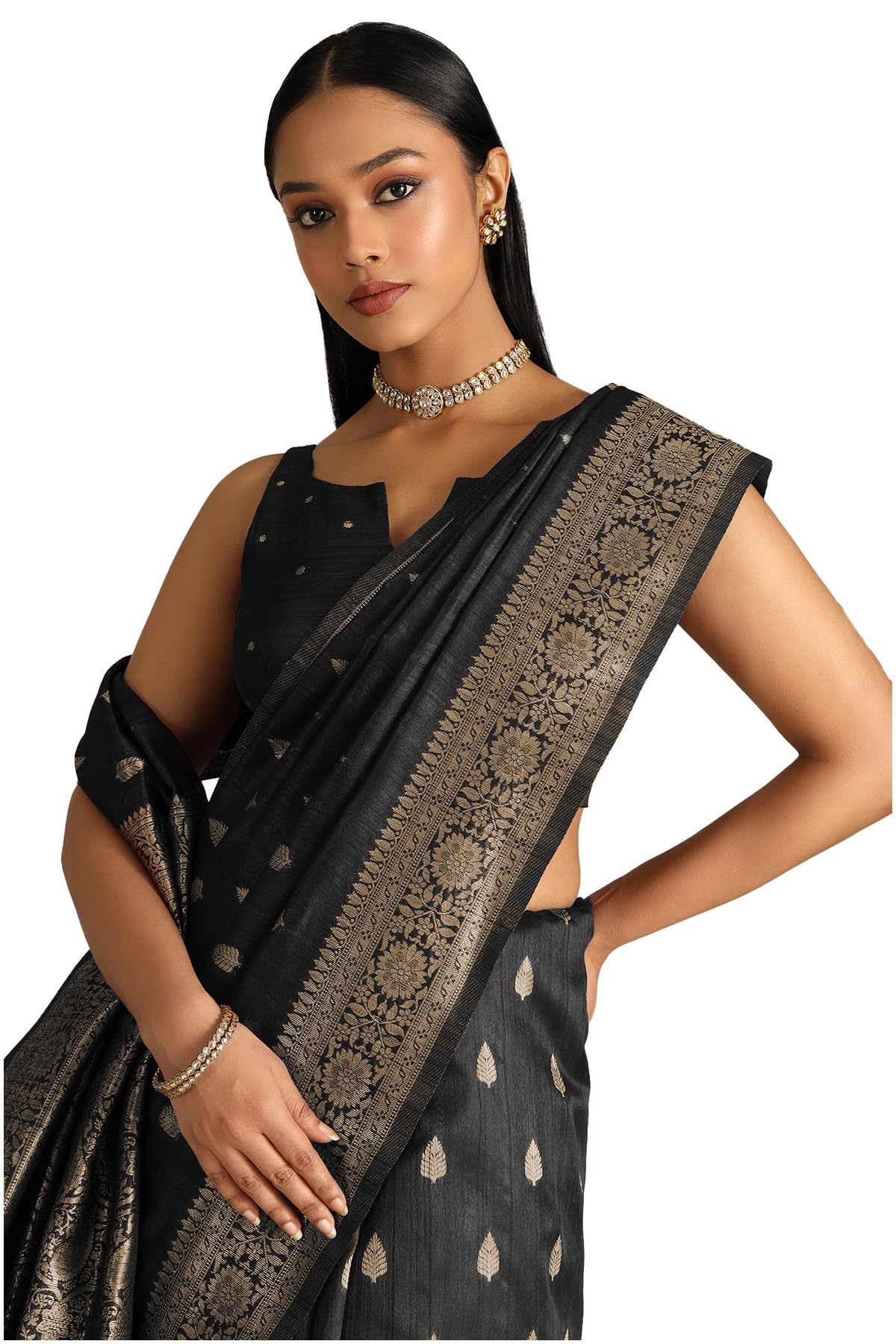 Soch Womens Black Tussar Zari Woven Saree With Zari