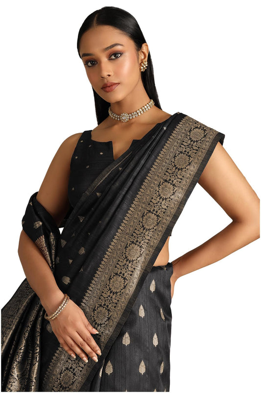 Soch Womens Black Tussar Zari Woven Saree With Zari