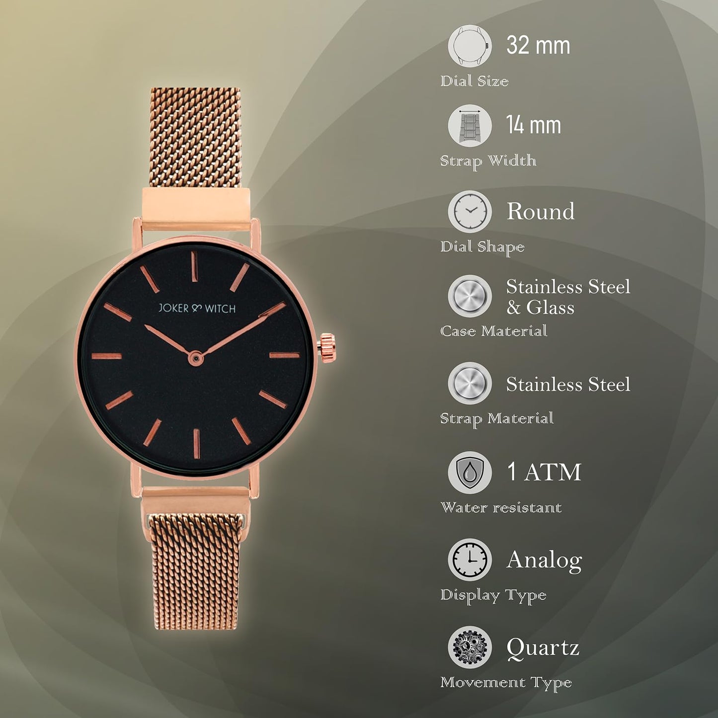 Joker & Witch Natalie Black Dial 14mm Rose Gold Stainless Steel Watch for Women
