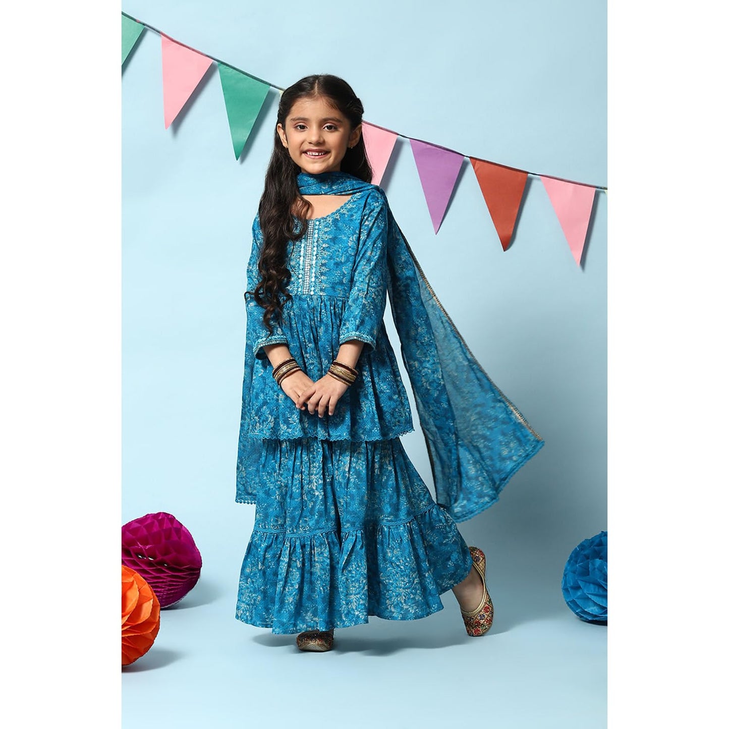 BIBA GIRL PRINTED FLARED KID(KW4948_TEAL BLUE_7)