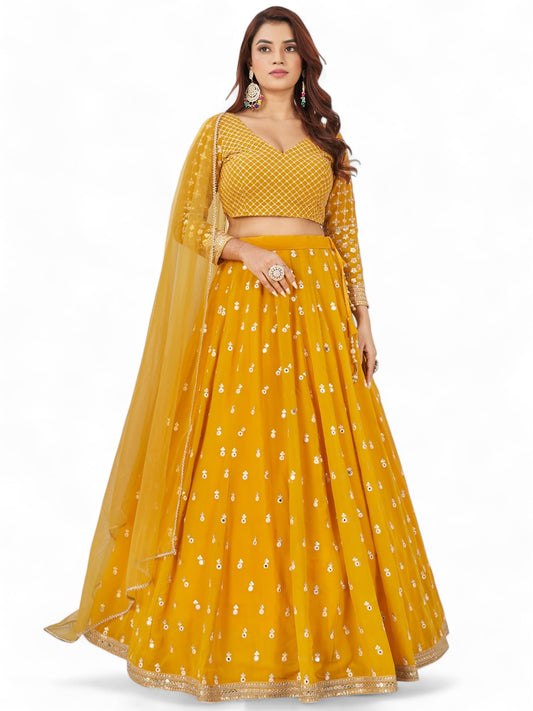 Zeel Clothing Women's Sequins Embroidered Georgette New Lehenga Choli with Dupatta (5071-Yellow-Wedding-Lehenga-Choli-Latest; Free Size)