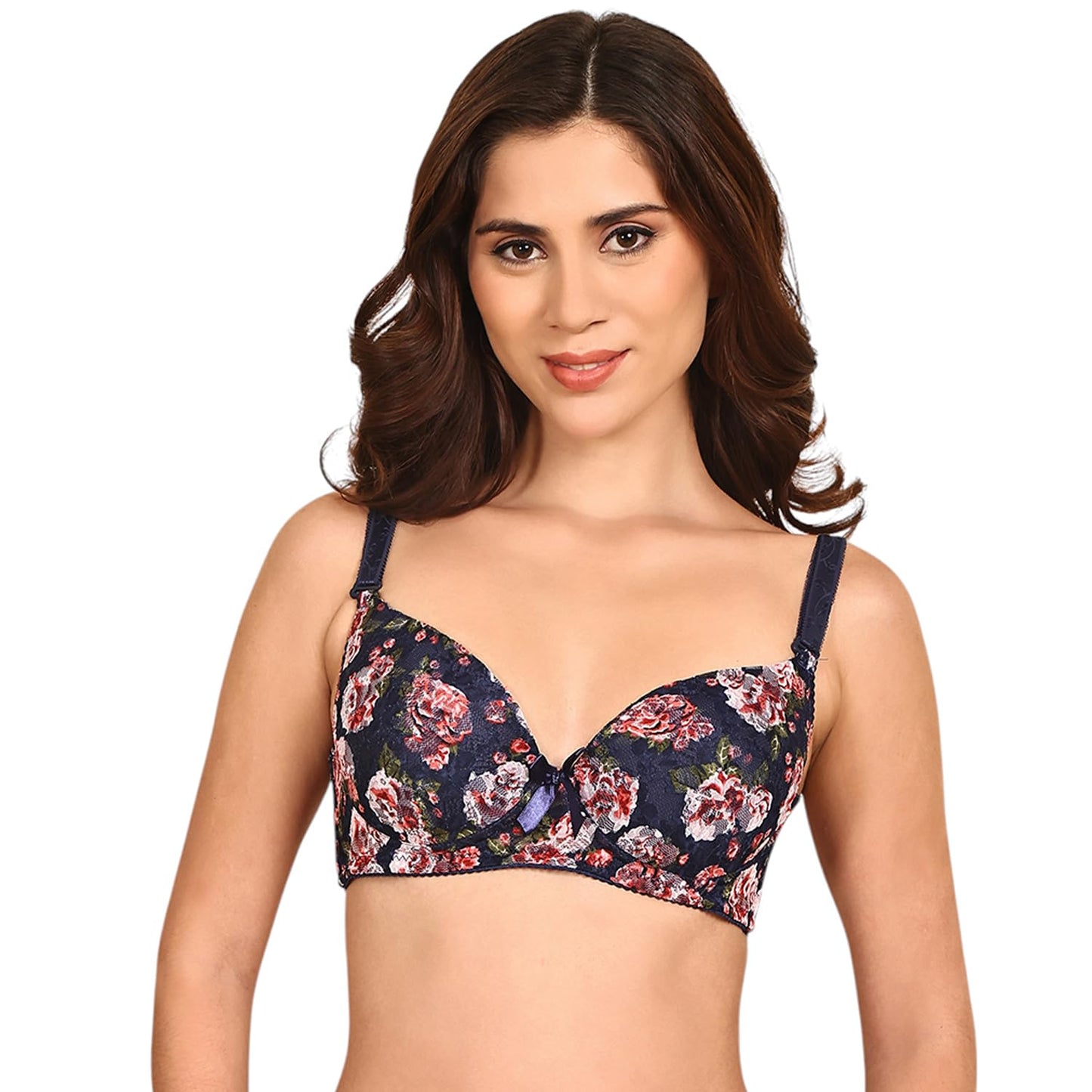 Quttos Lightly Padded Floral T-Shirt Bra with Bows Navy Blue