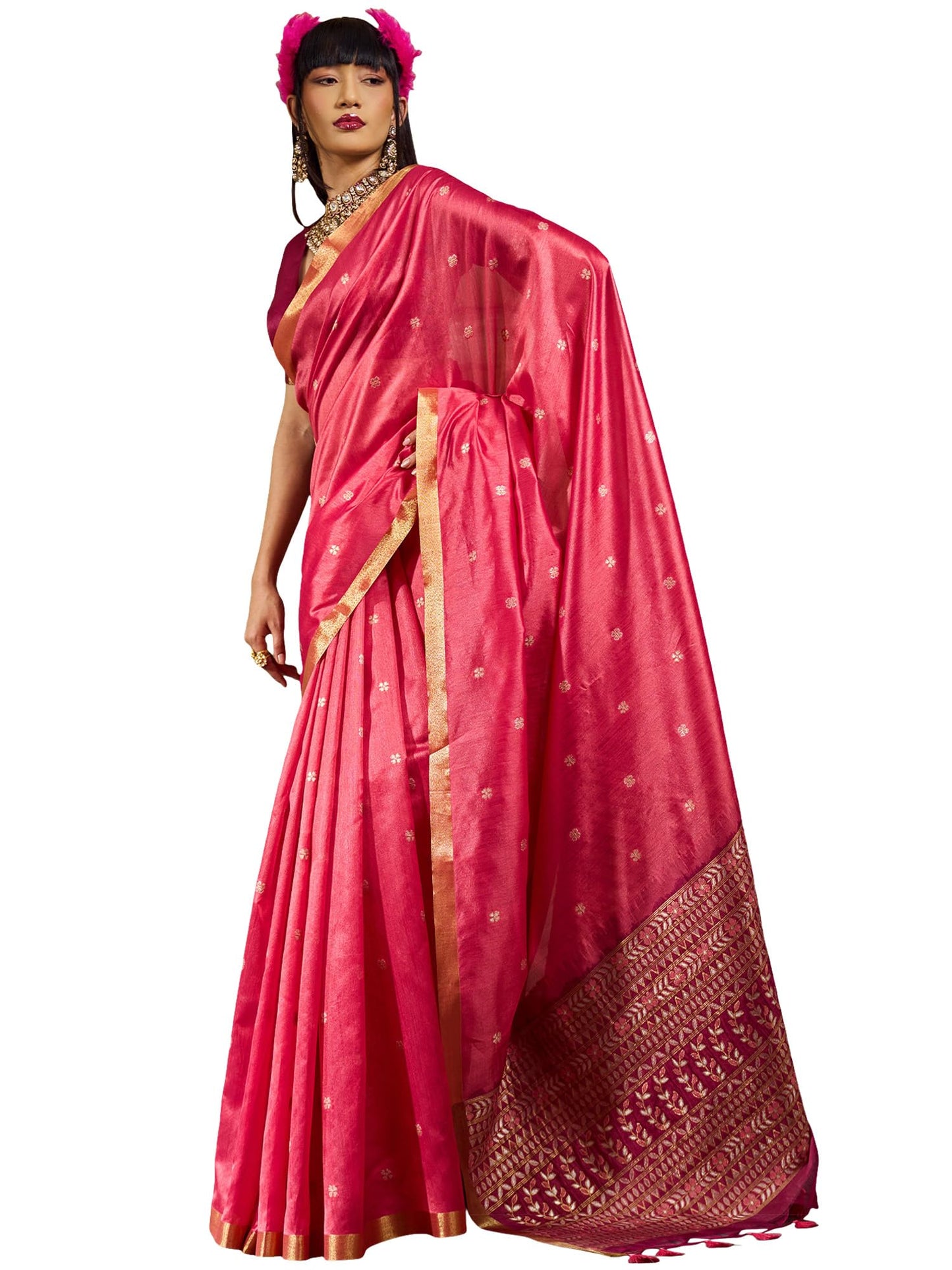 AKHILAM Women's Pink Silk Blend Zari butta Woven Design Tassels and Latkans Saree With Unstitched Blouse Piece | saree for woman | Designer Saree for Women