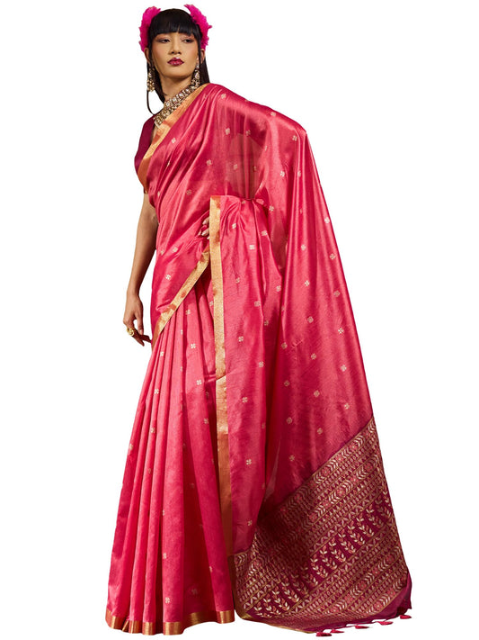 AKHILAM Women's Pink Silk Blend Zari butta Woven Design Tassels and Latkans Saree With Unstitched Blouse Piece | saree for woman | Designer Saree for Women