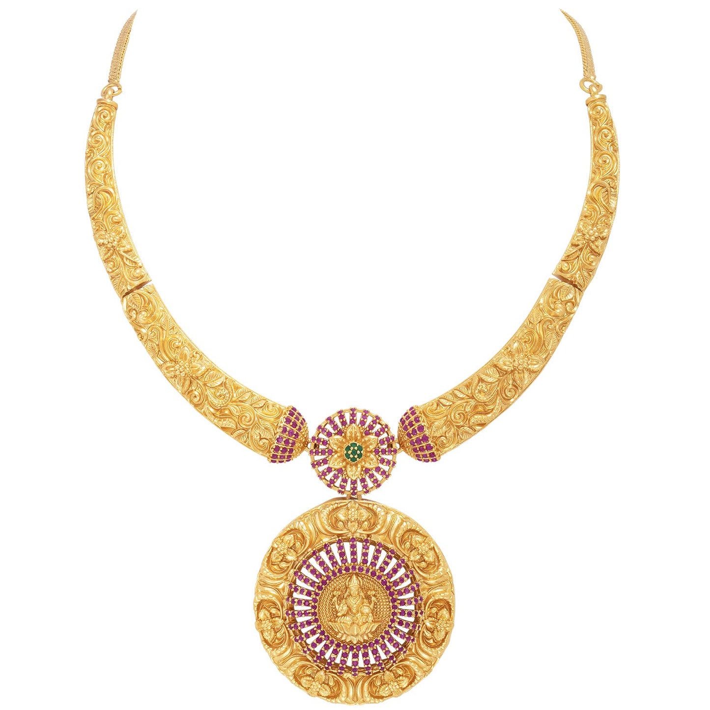Peora Gold Plated Red Green Goddess Laxmi Stud Pendant Necklace Earring Temple Jewellery Set for Women