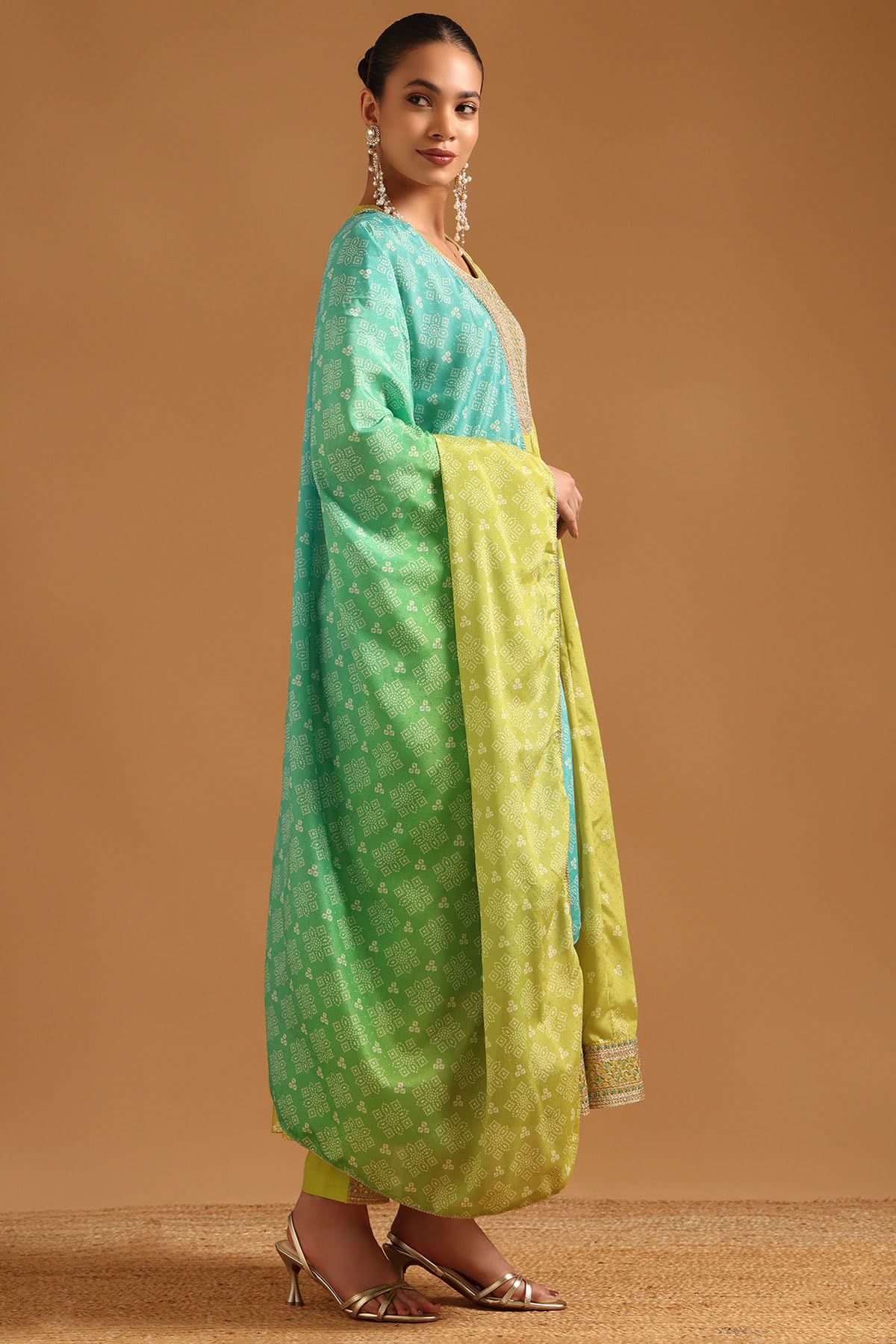 Soch Womens Green Poly Chinon Bandhani Salwar Suit With Sequence Work