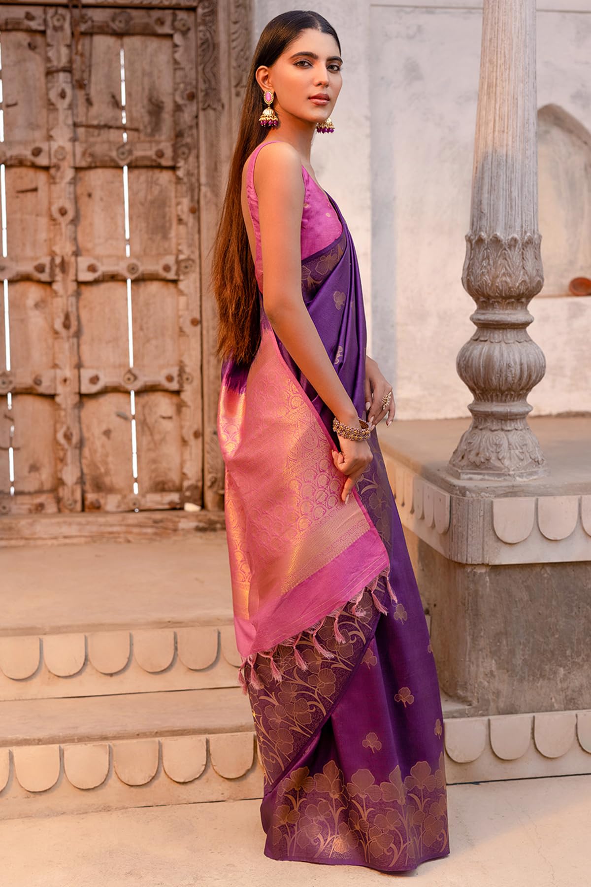 Soch Womens Purple Tussar Zari Woven Saree With Zari Woven