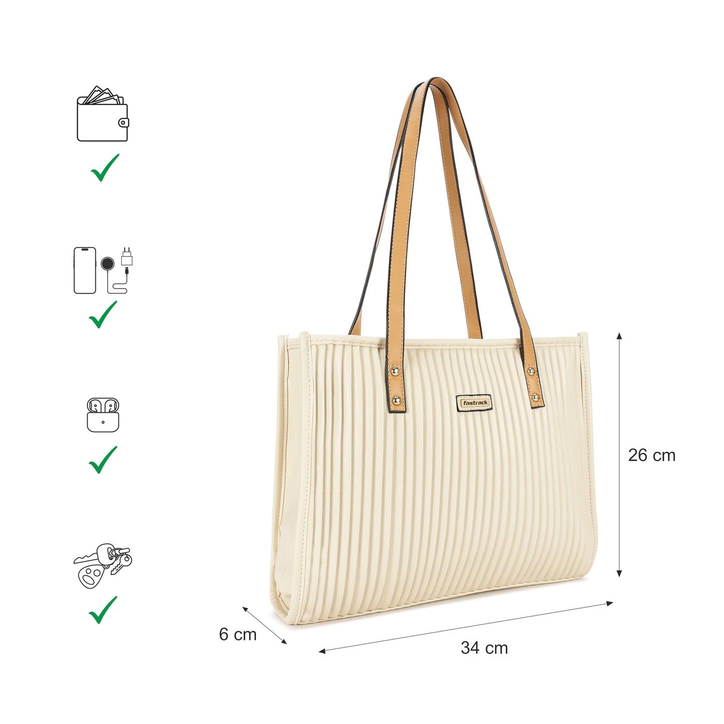 Fastrack Dorsa Tote Bag with Long Shoulder Straps and Top Zip Closure | Fits Upto 13" Laptop Bags | Stylish Vertical Stripe Tote for Everyday Use