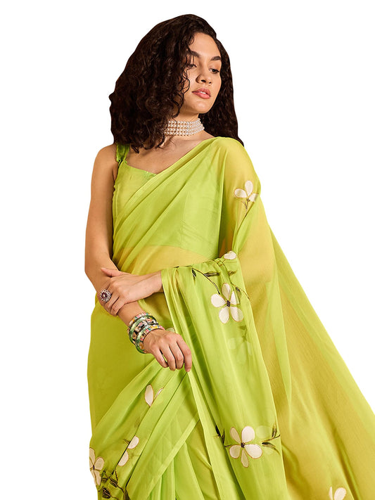 SAREE MALL Women's Light Green Chiffon Botanical Printed Saree With Unstitched Blouse Piece (PAINTING105_SU)