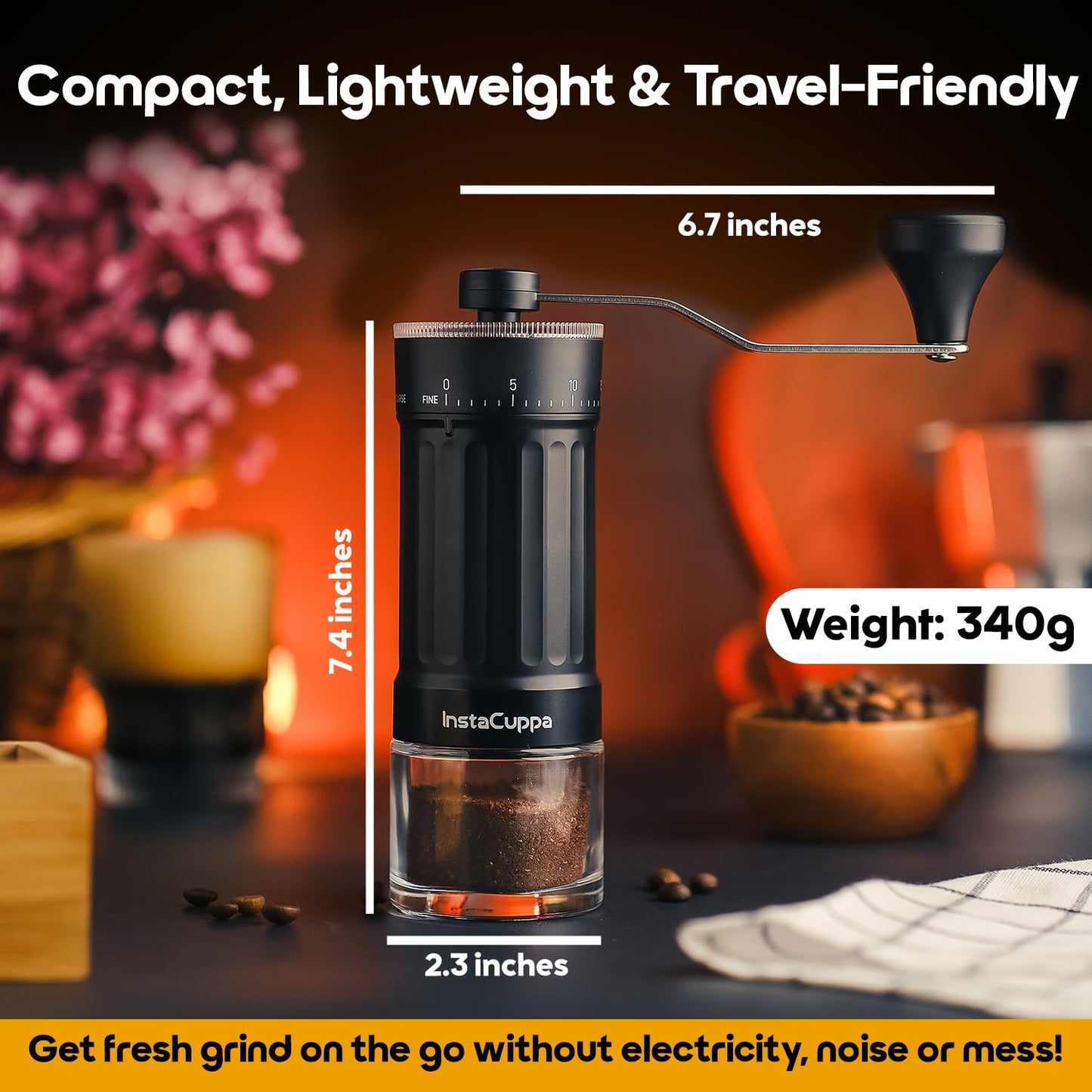 InstaCuppa Manual Coffee Bean Grinder with 40 Adjustable Grind Settings, Ceramic Burr Mill, Glass Jar, Fresh Grind for Espresso, French Press, Pour Over, Cold Brew – Portable & Easy to Clean