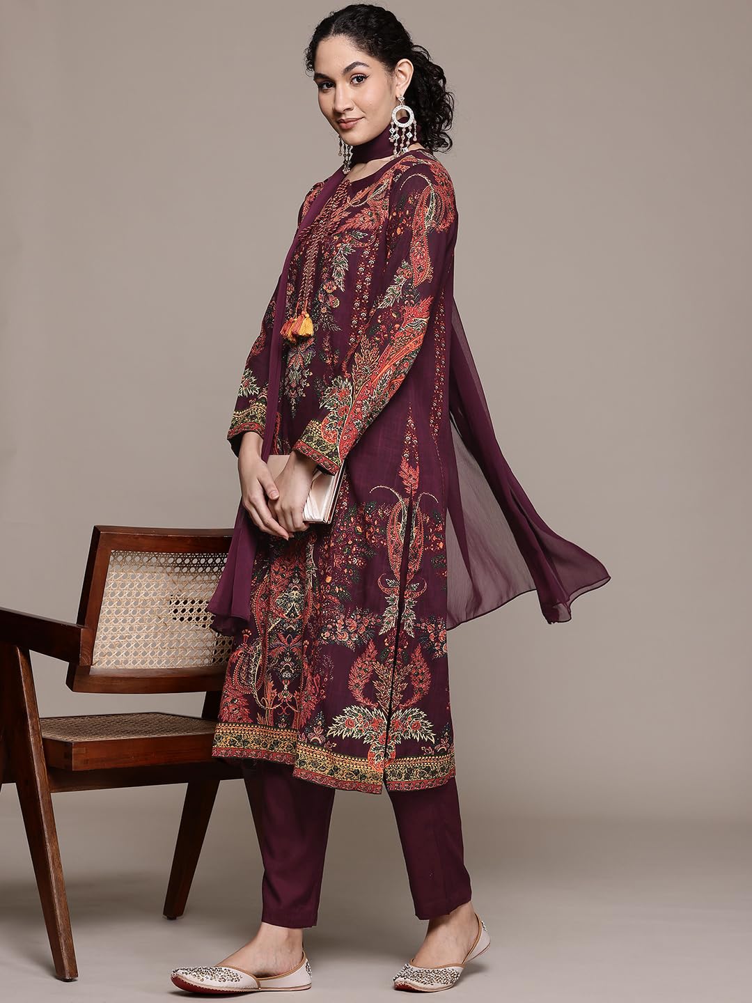 Aarke Ritu Kumar Wine Tuberose Round Neck Kurta With Pant And Dupatta