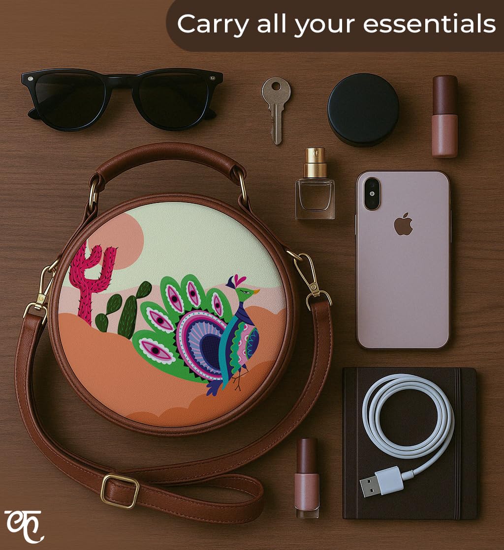 Kalankit Round Sling For Women | Girls Crossbody Bags | Side Bags With Adjustable Strap | Travel Box Sling Bags | Desert Peacock
