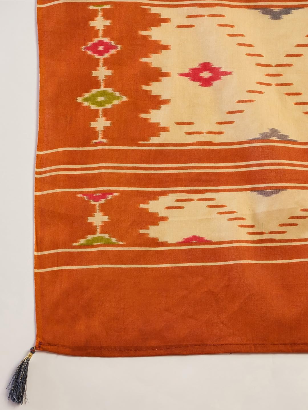 SAREE MALL Women's Orange Cotton Ikat Printed Ready To Wear one Minute Saree With Unstitched Blouse Piece(RTWMINAXI6301_SMC)