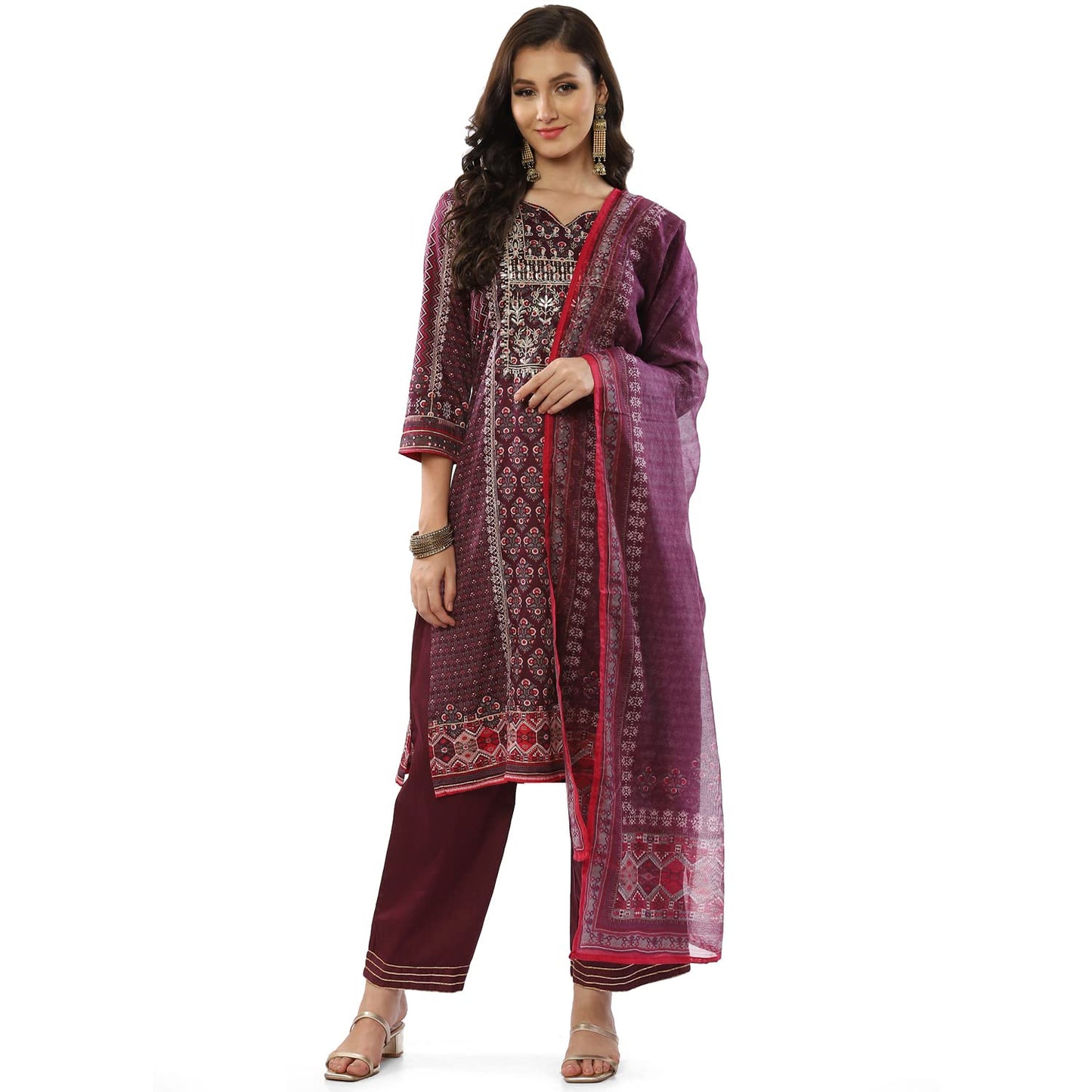 BIBA WOMEN PRINTED NARROW SALWAR KURTA DUPATTA(SKDINAYAT8188_WINE_38)