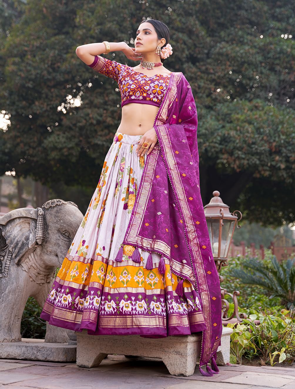 Snazzy Stitch Women Tussar Silk With Patola Print And Foil Work Lehenga choli (Purple)