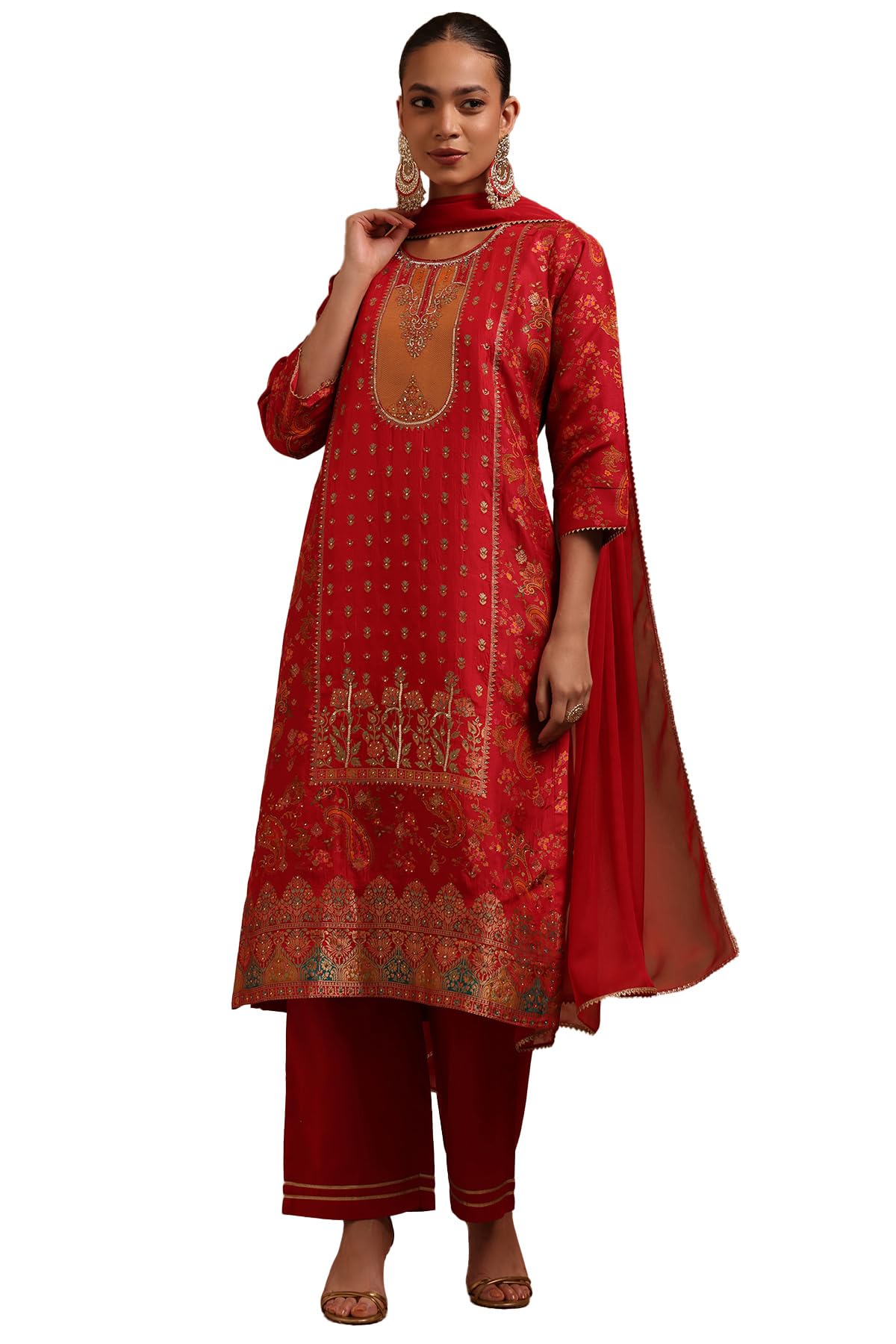 Soch Womens Red Russian Silk Ethnic Motifs Salwar Suit With Cutdana And Stone