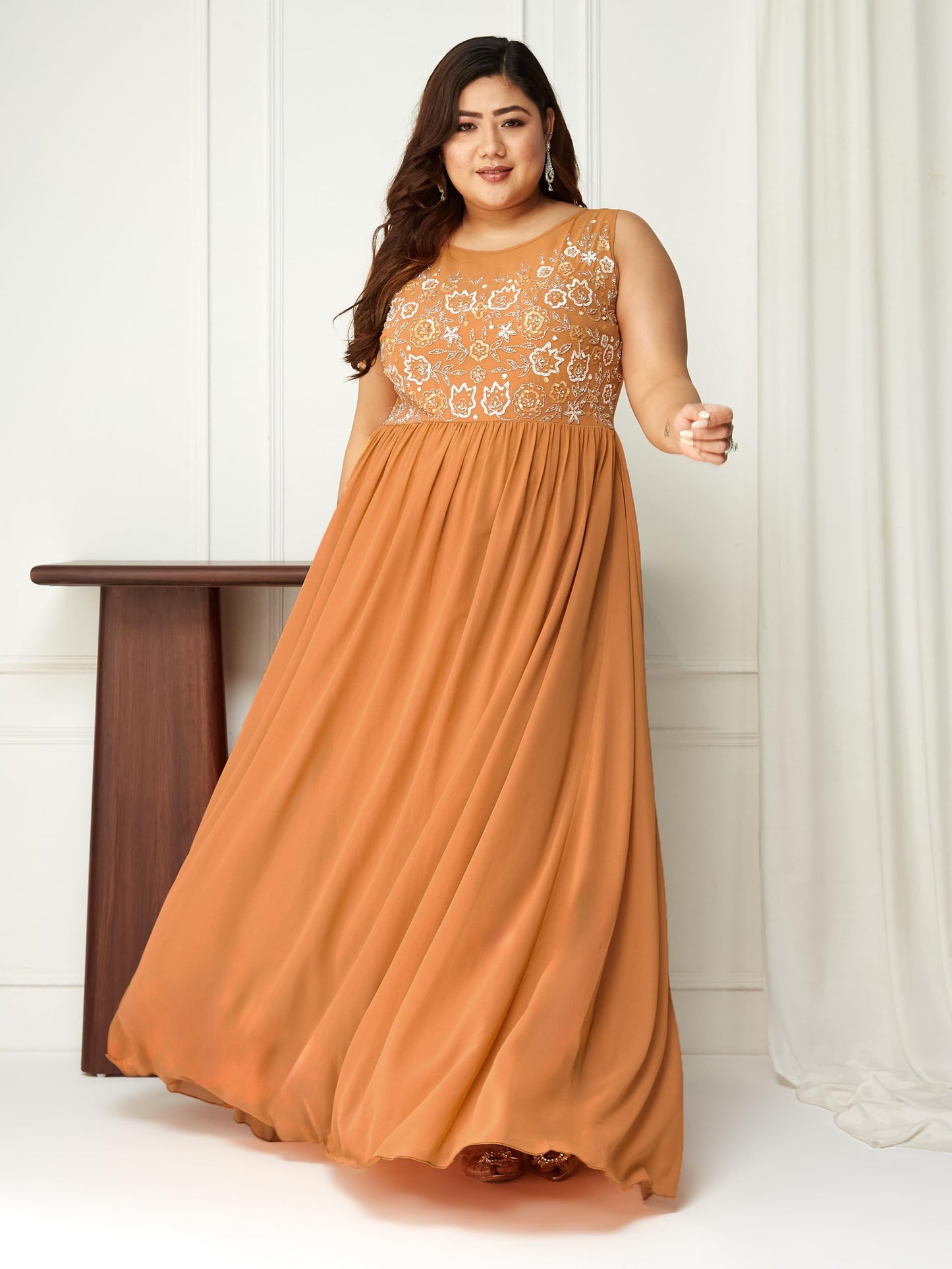 Miss Chase A+ Women's Boat Neck Sleeveless Embroidered Georgette Gathered Maxi Dress (APSS22D16-18-284-07, Dusty Orange, 2XL)