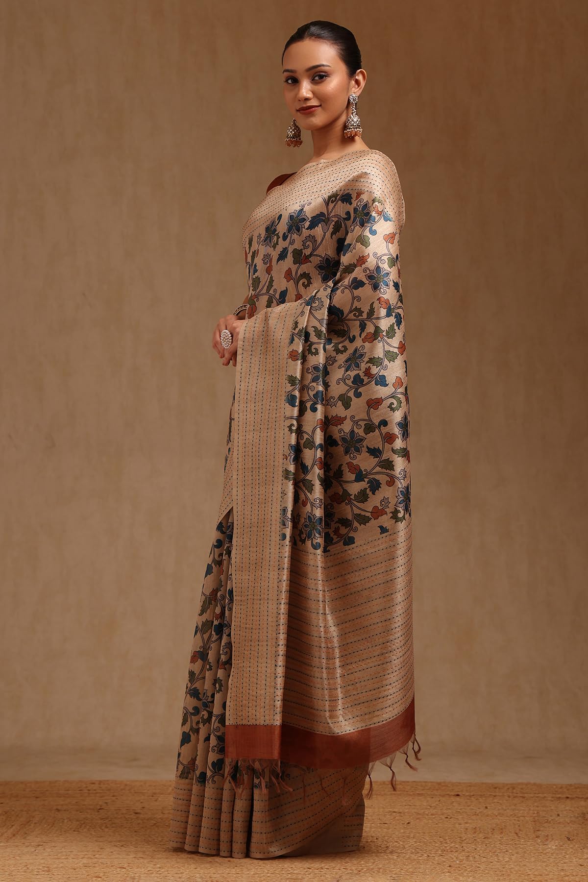 Soch Womens Beige Chanderi Botanical Print Saree With Thread Work