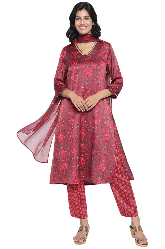 W for Woman Chocolate Brown Printed Japanese Satin A-Line Kurta, Straight Pant and Dupatta Set (Size: XL)-WS13201-126211