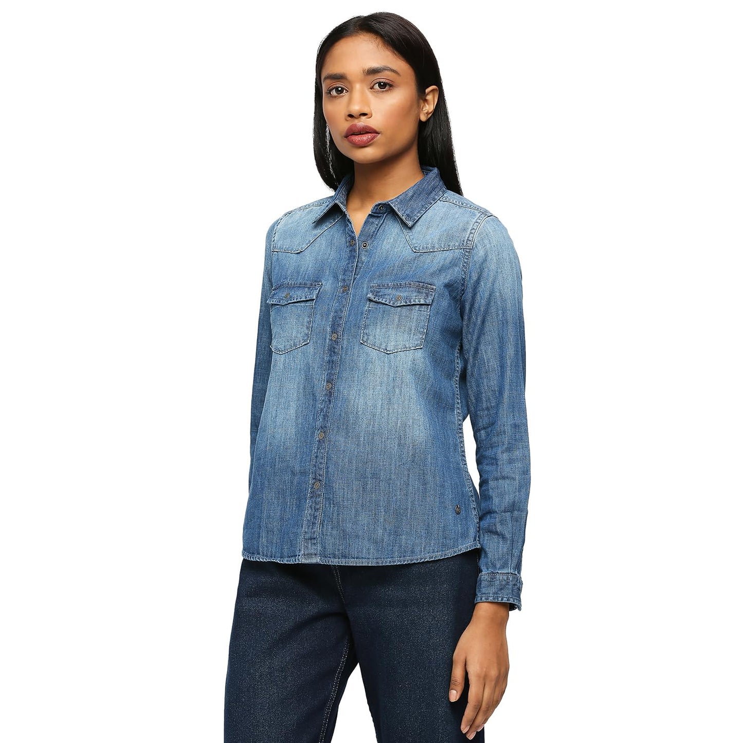 Pepe Jeans Women's Solid Regular Fit Shirt (PL304772CA0_Dark WASH_Mid Indigo Blue