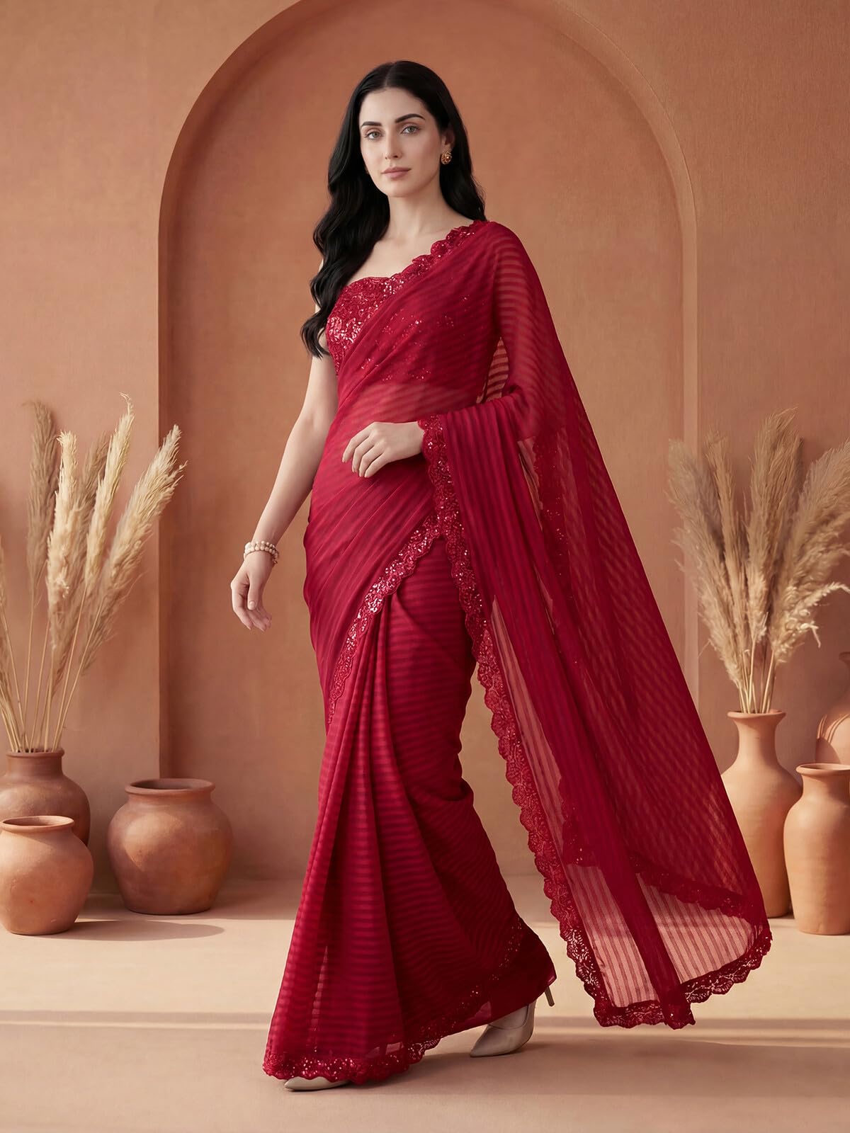 SIRIL Women's Georgette Stripes Embellished Saree with Unstitched Blouse Piece (2992S2671AAAA_Red)