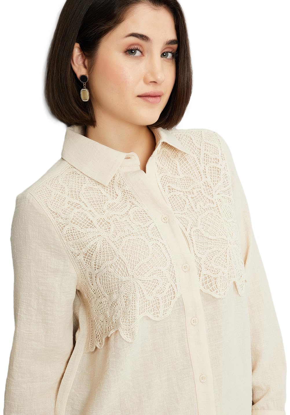 Max Women Lace Yoke Shirt, Beige, XS