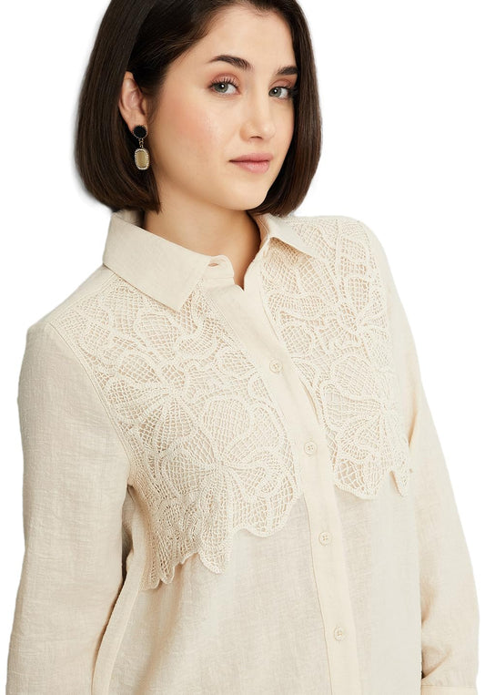 Max Women Lace Yoke Shirt, Beige, XS