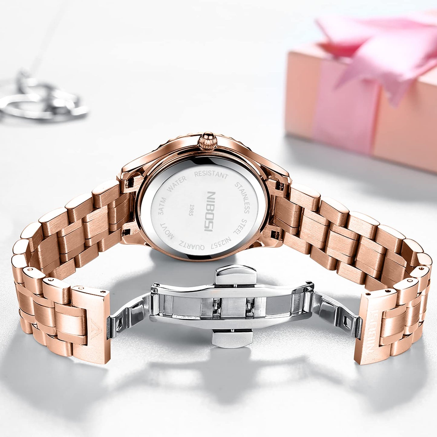 NIBOSI Women Watches Analogue Stainless Steel Wrist Watches Watches for Women's & Girls&Miss&Ladies Rose Gold Dial Gold Band Watch with Stylish Diamond Studded Watches