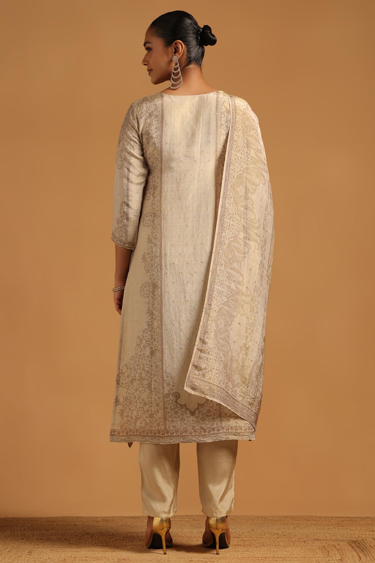 Soch Womens Beige Russian Silk Botanical Salwar Suit With Beads And Stones