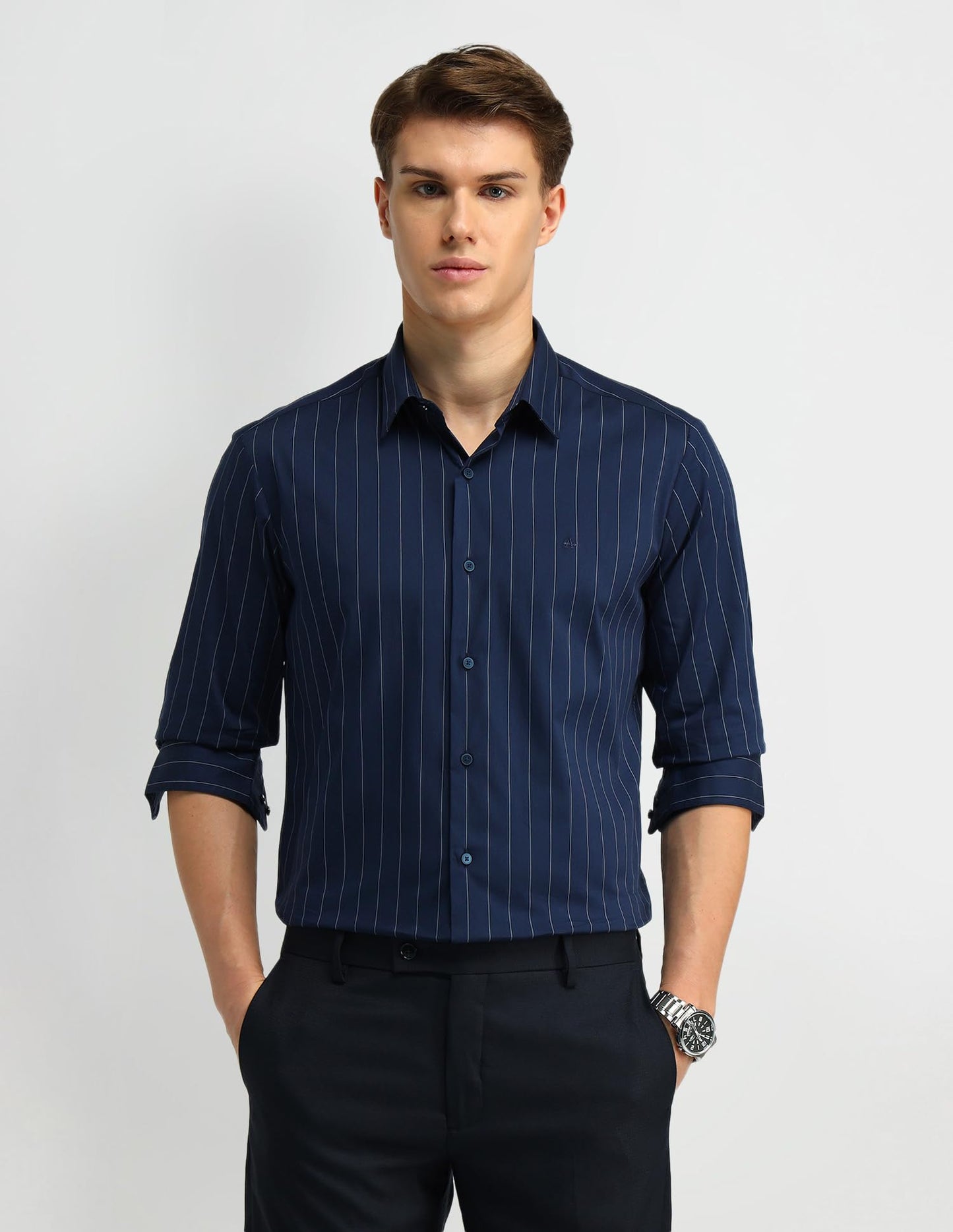 Arrow New York Men's Striped Slim Fit Shirt (ARES1244_Navy