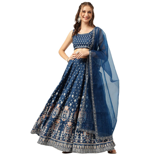 Divena Blue Rayon Flared Lehenga Choli Set with Organza Dupatta