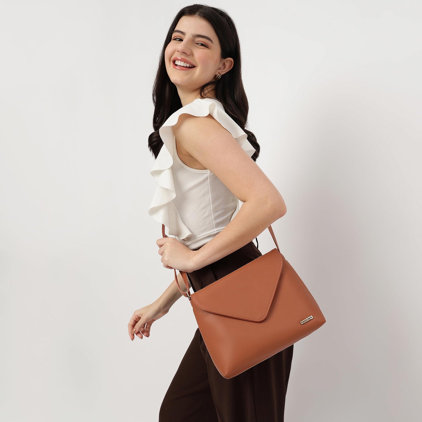 Fastrack Women's Flap Closure Sling Bag | Magnetic Button Lock, Adjustable Sling, Inner Zip and Slip Pockets | Stylish Everyday Bag | Sling Bag for Casual Carry, Tan