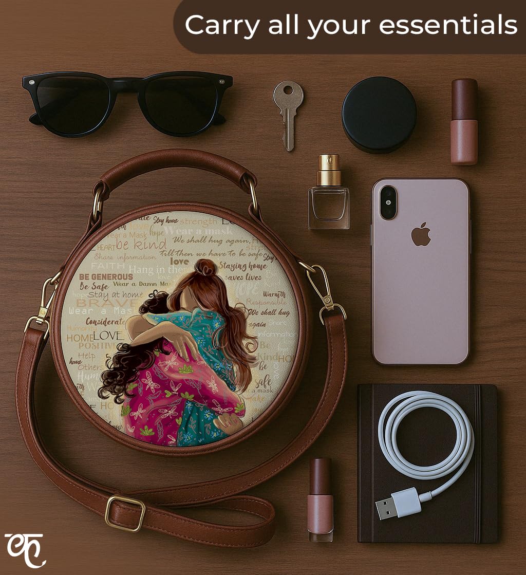 Kalankit Women Round Sling Bag | Stylish Vegan Leather Crossbody Purse | Side Bag with Strap | Rakhi Gift for Sister | Birthday Present | Travel-Friendly | Being Hug Again, Multicolor
