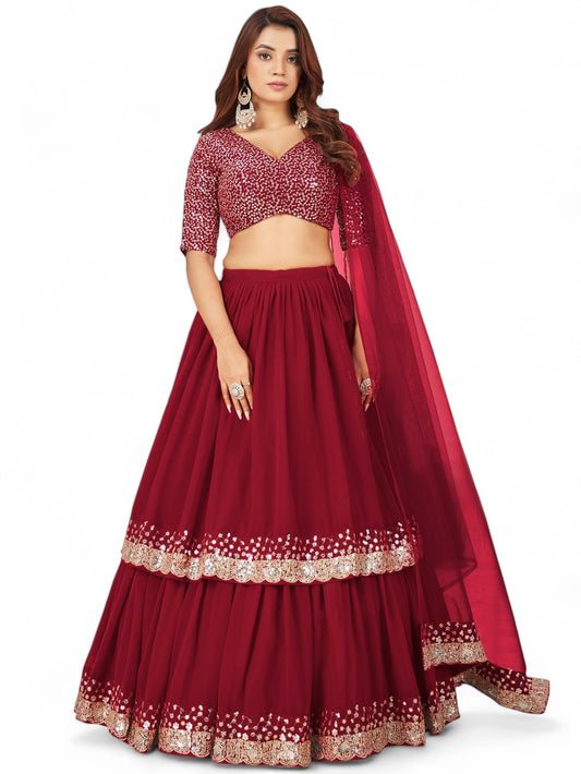 Zeel Clothing Women's Sequins Embroidered Georgette New Semi-stitched Lehenga Choli With Dupatta (5066-Maroon-Womens-Lehenga-Choli-Latest; Free Size)