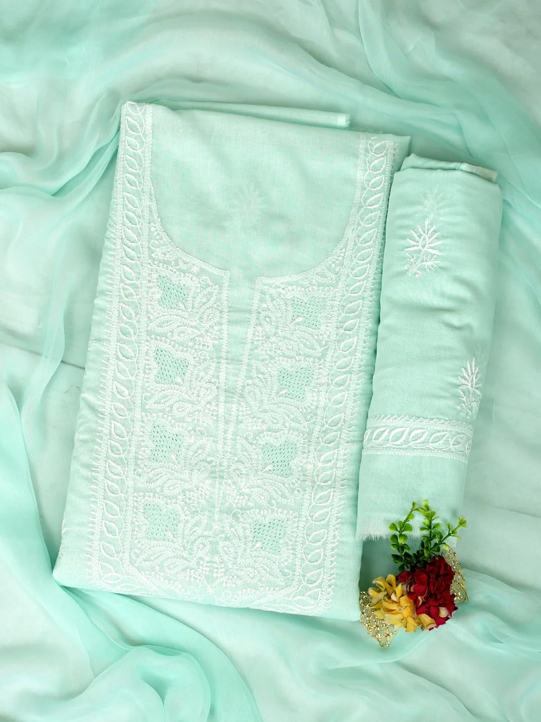 Ada Hand Embroidered Lucknowi Chikankari Unstitched Cotton Dress Material Suit Piece with Dupatta for Women 01A773700 Sea Green