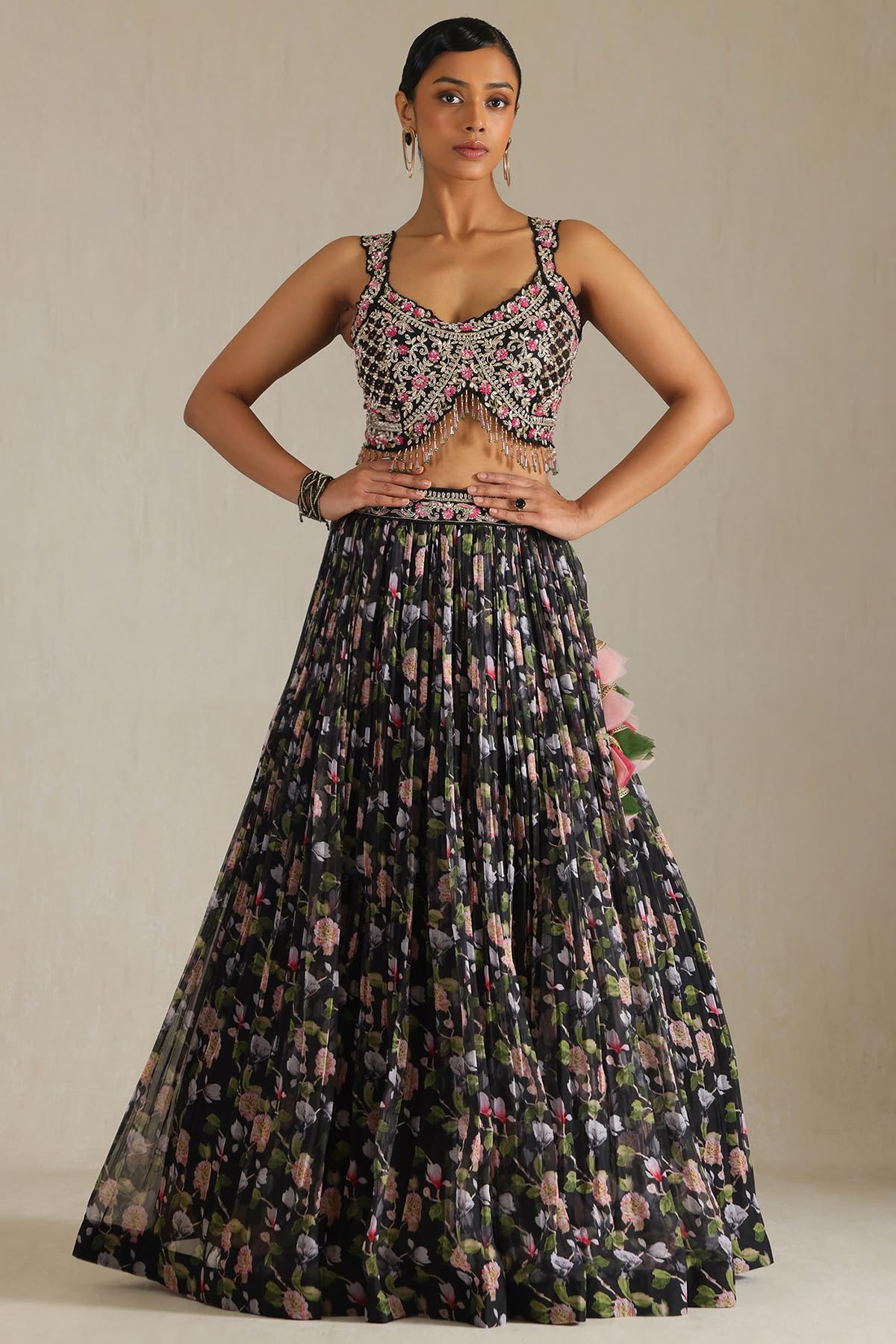 Soch Womens Black Dupion Silk Lehenga Choli With Stones And Sequins