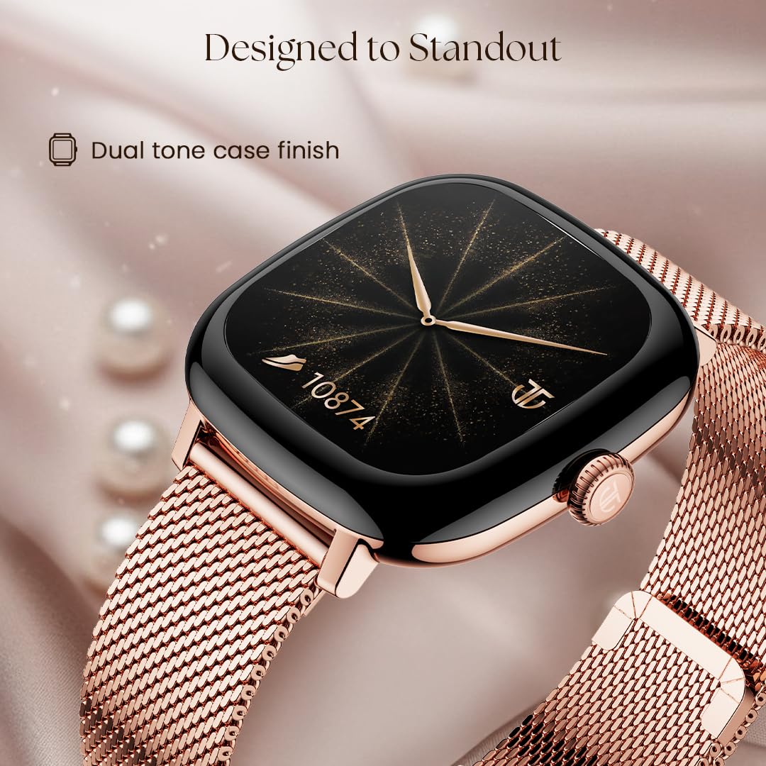 Titan AiRA 1.70" AMOLED Metal Case Square Display Smart Watch With Silicone Strap Stress Monitoring,1000 Nits, Functional Crown, AI Enabled,IP68 Water resistant Upto 5 Days Battery - Rose Gold+Ceramic