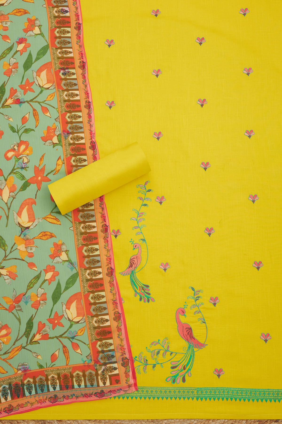 Soch Womens Yellow Cotton Embroidered Unstitch Dress Material With Thread Work