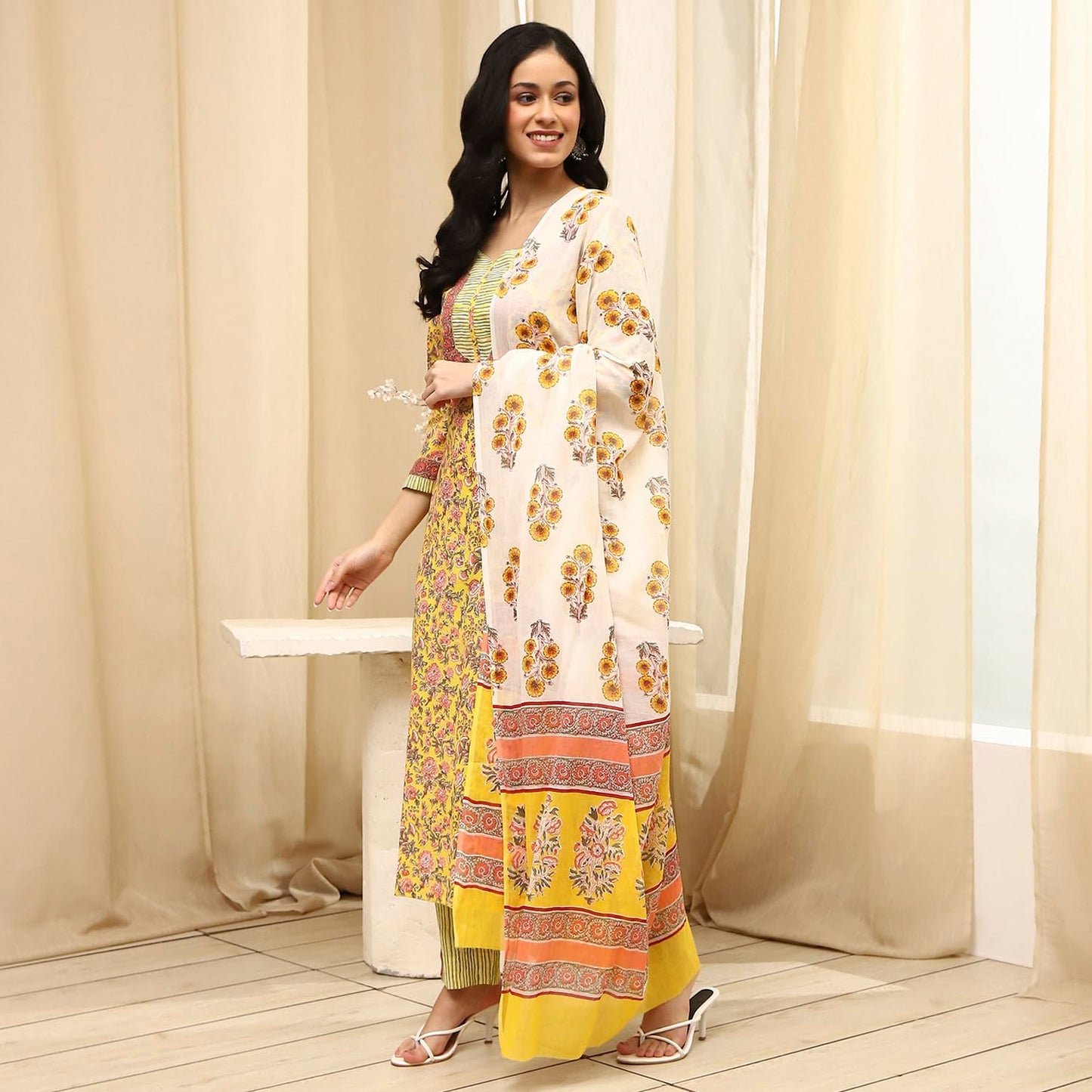 BIBA Women Yellow Cotton Screen Print Unstitched Suit Set_FREE SIZE