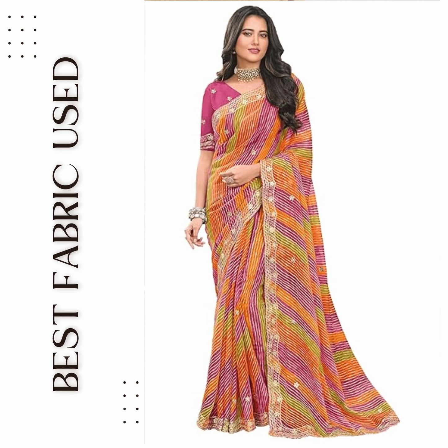 Laxmipati Sarees Women's Zari Work Laheriya Printed Tissue Silk Saree in Multicolor Color with unstitched Blouse Material - Embrace Latest Style And Timeless Elegance in this Exquisite Attire