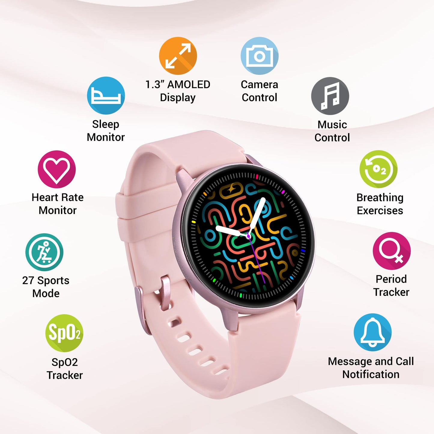 Fastrack Reflex Play 1.3 AMOLED Display Smart Watch with AOD Premium Metallic Body Animated Watchfaces BP & Sleep Monitor 24x7 HRM SpO2 Multiple Sports Modes Upto 7 Day Battery IP68 (Pink)