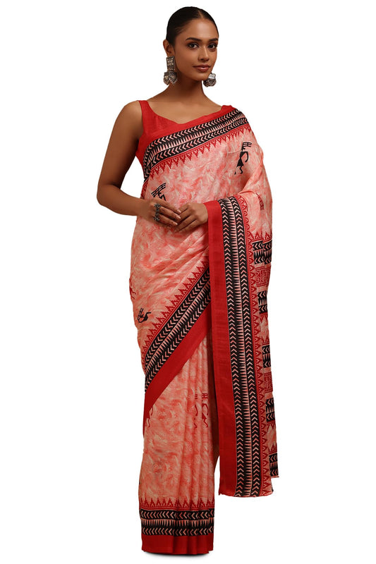 Soch Womens Red Art Silk Warli Print Saree