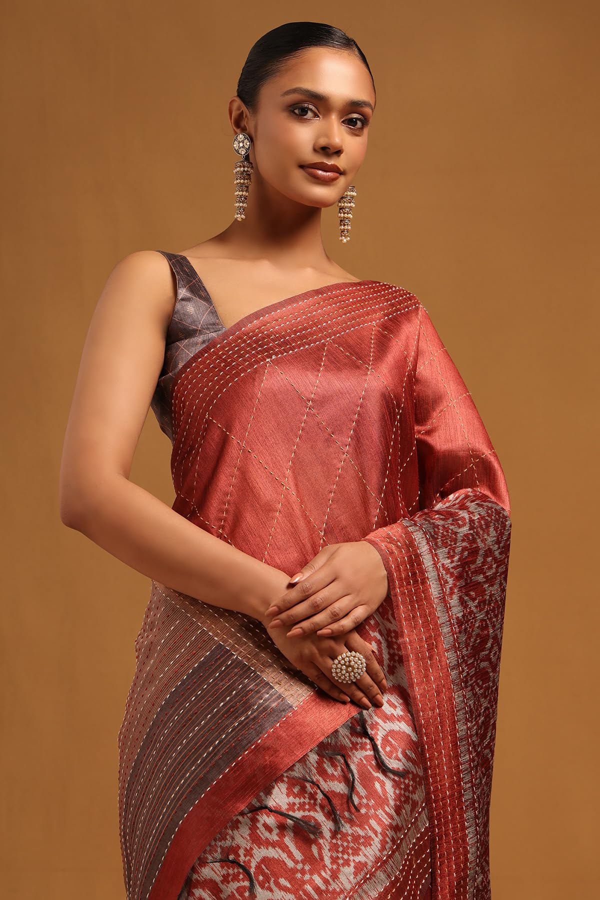 Soch Womens Rust Tussar Geometric Saree With Kantha Embroidery and Threadwork