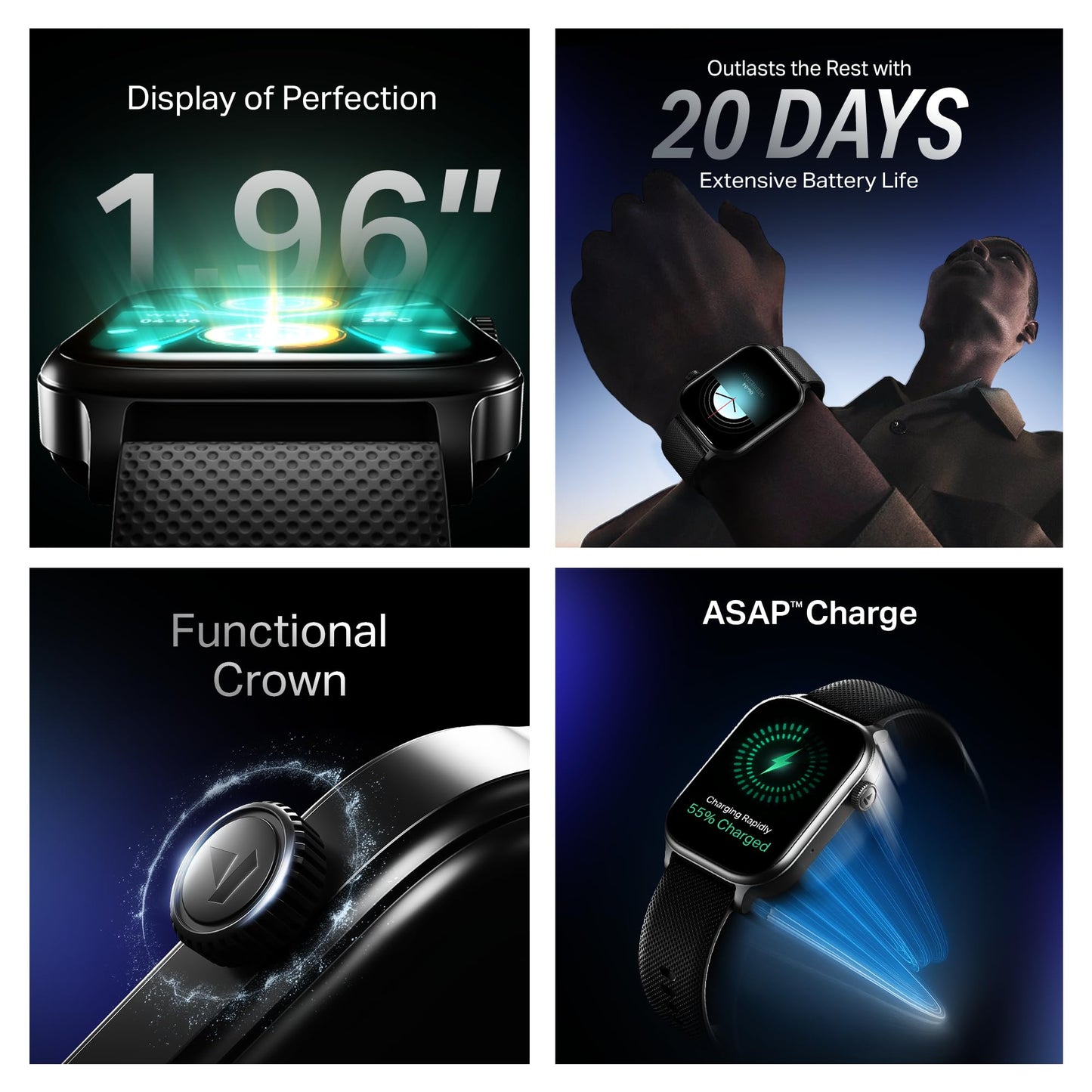 Boat Storm Infinity Plus Smartwatch with 20 Days Battery, ASAP™ Charge, 4.97 cm HD Display, Functional Crown, Multiple Sports Modes, BT Calling, SOS, IP68, Heart Rate & SpO2 Monitor (Active Black)