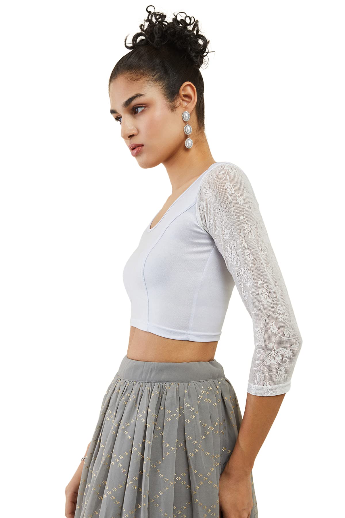 Soch Silver Spandex Prince Cut Blouse with Floral Sleeves